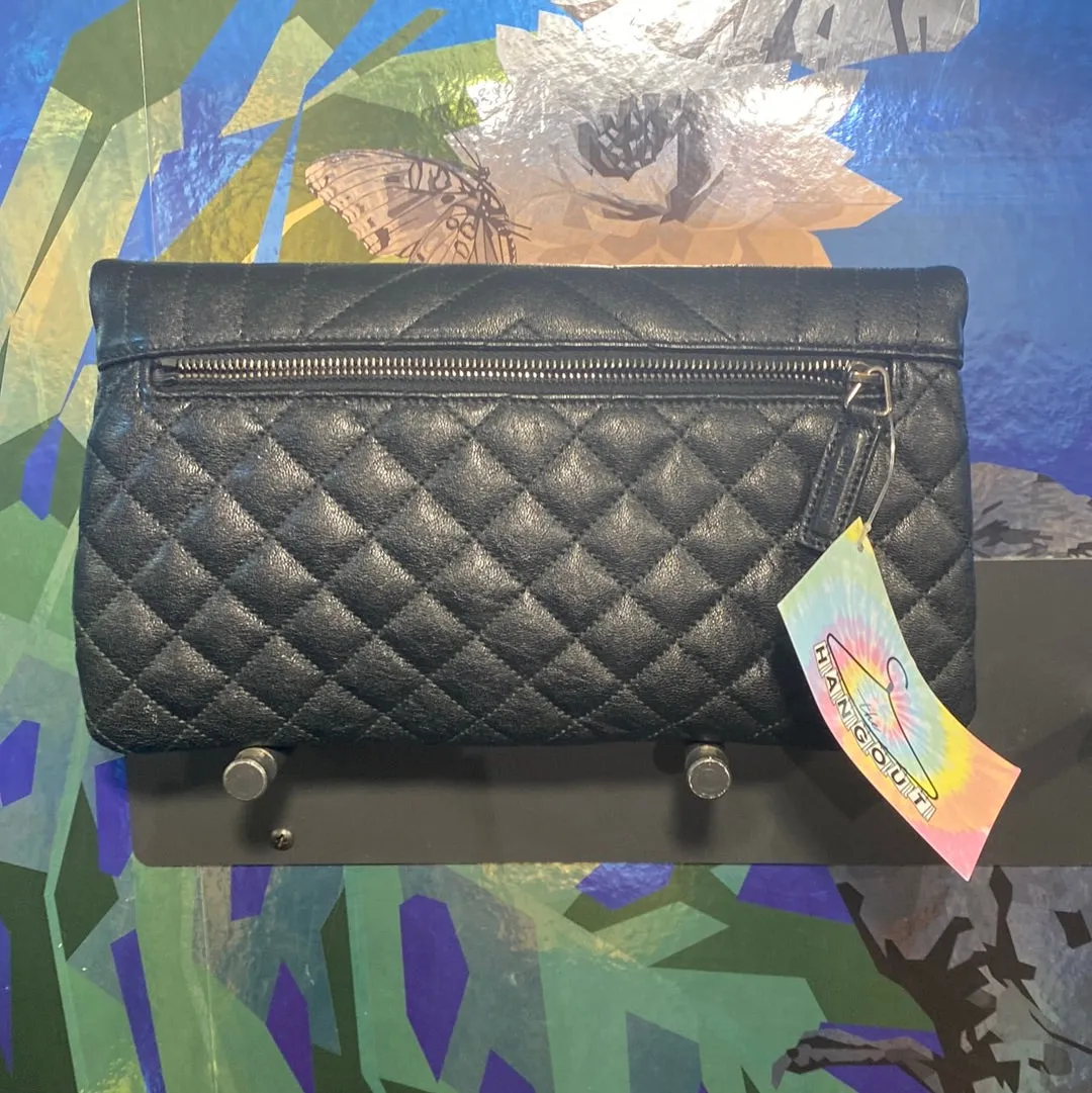 Saint Laurent Black Leather Folded Clutch with Matte Silver YSL Logo