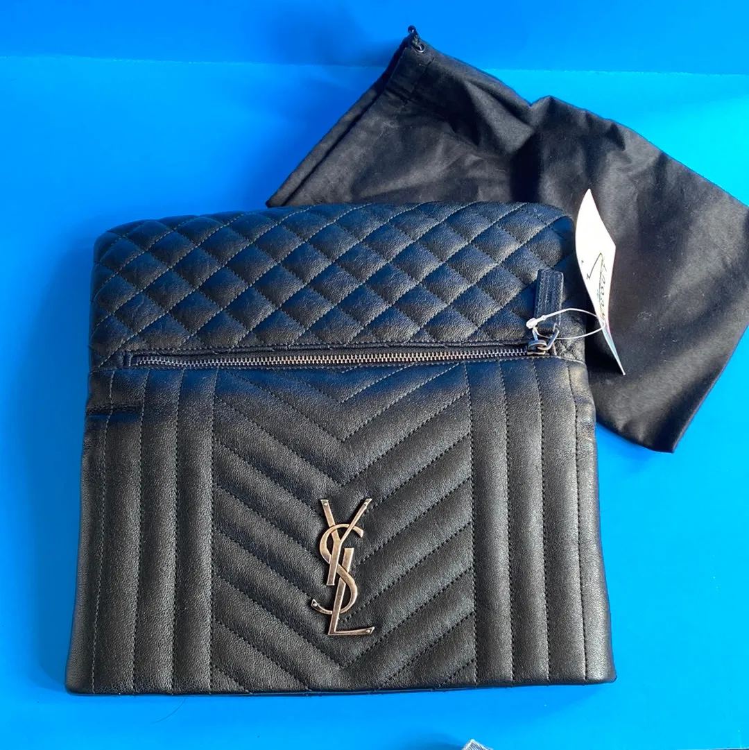 Saint Laurent Black Leather Folded Clutch with Matte Silver YSL Logo