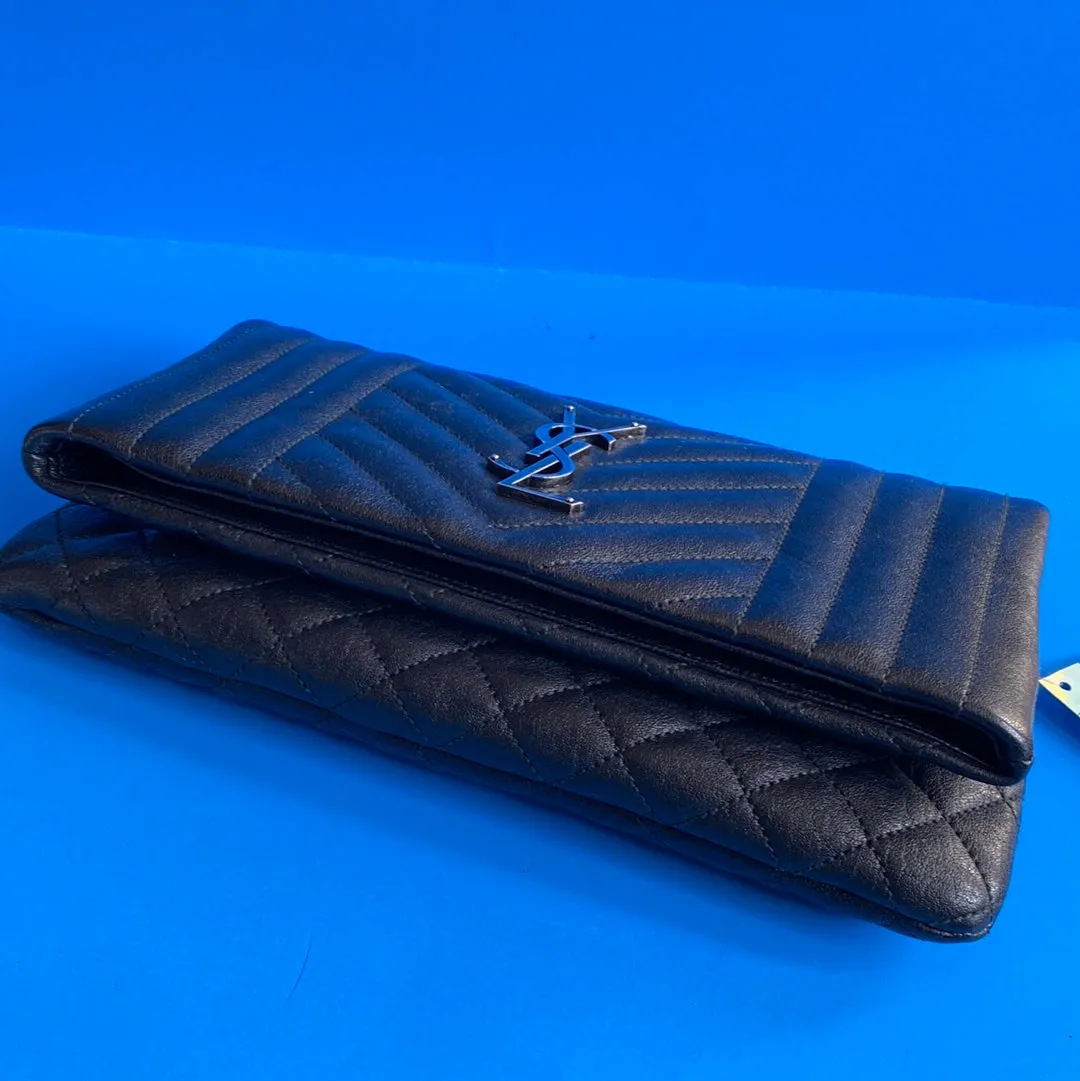 Saint Laurent Black Leather Folded Clutch with Matte Silver YSL Logo