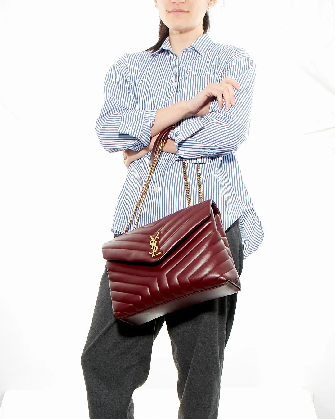 Saint Laurent Burgundy Matelassé Leather Medium LouLou Chevron Shoulder Bag