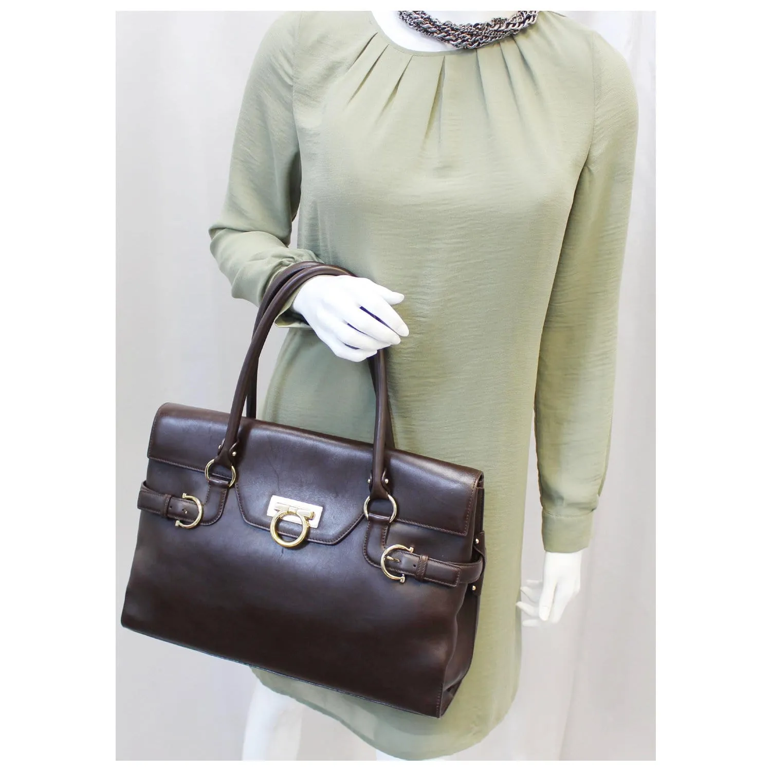 Salvatore Ferragamo Virna Medium Dark Brown Leather Satchel Handbag