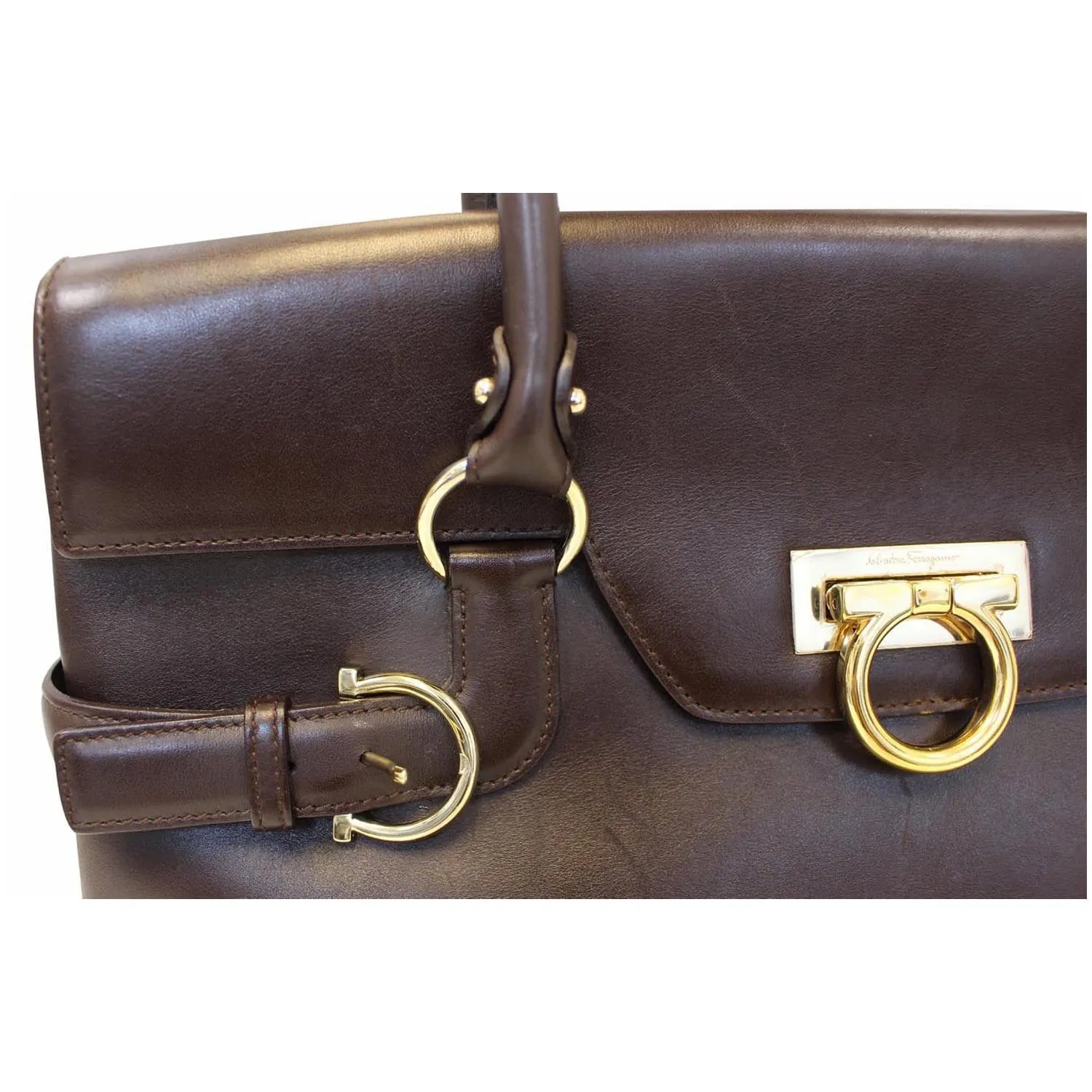 Salvatore Ferragamo Virna Medium Dark Brown Leather Satchel Handbag