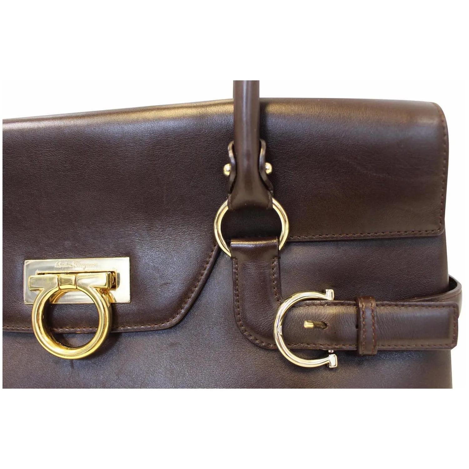Salvatore Ferragamo Virna Medium Dark Brown Leather Satchel Handbag