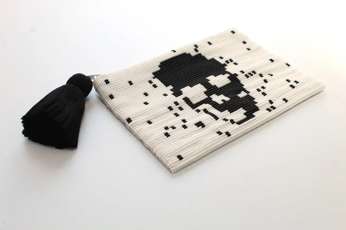 Skull Glass Bead Coin Purse - BLACK ON WHITE