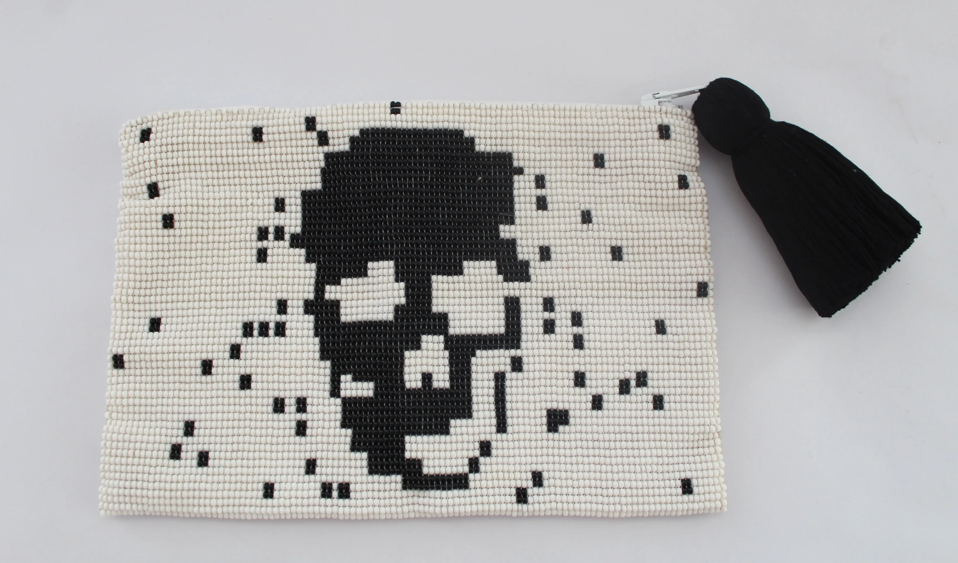 Skull Glass Bead Coin Purse - BLACK ON WHITE