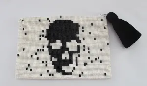 Skull Glass Bead Coin Purse - BLACK ON WHITE