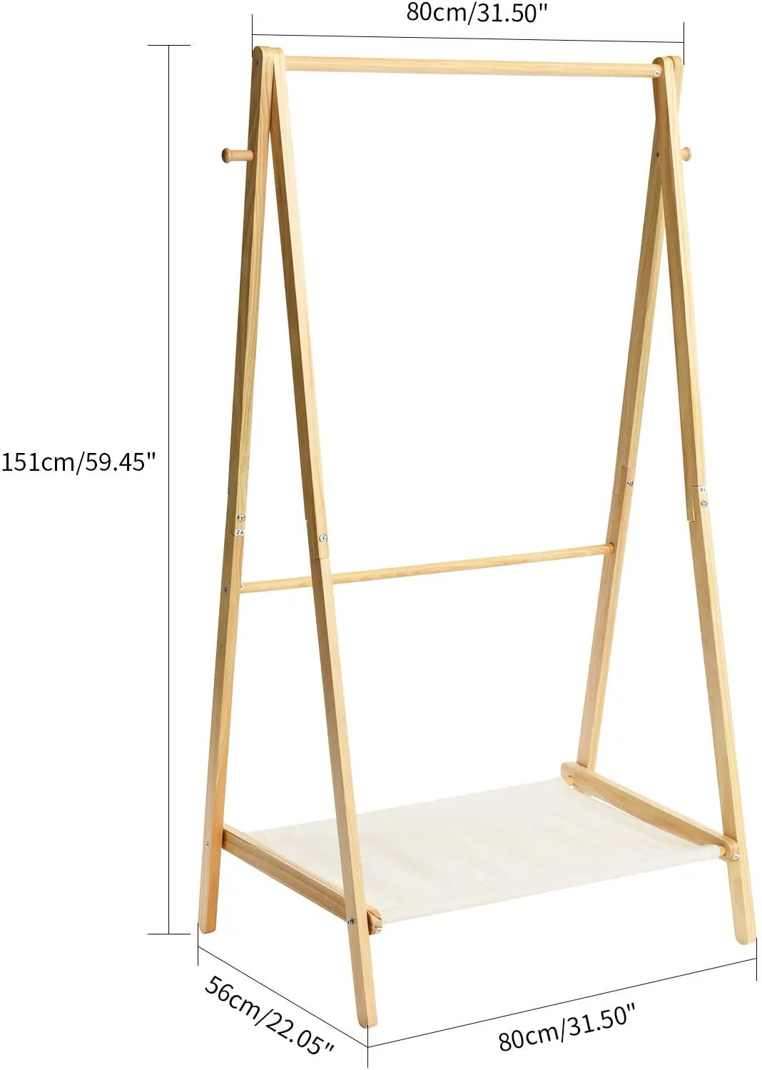 Solid Pine Toddler Friendly Montessori Inspired Dress up Rail | 2 rails and storage shelf | 1.5m high | Natural