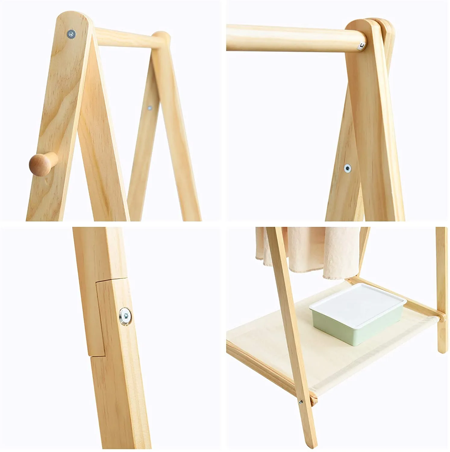 Solid Pine Toddler Friendly Montessori Inspired Dress up Rail | 2 rails and storage shelf | 1.5m high | Natural