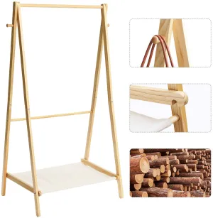 Solid Pine Toddler Friendly Montessori Inspired Dress up Rail | 2 rails and storage shelf | 1.5m high | Natural