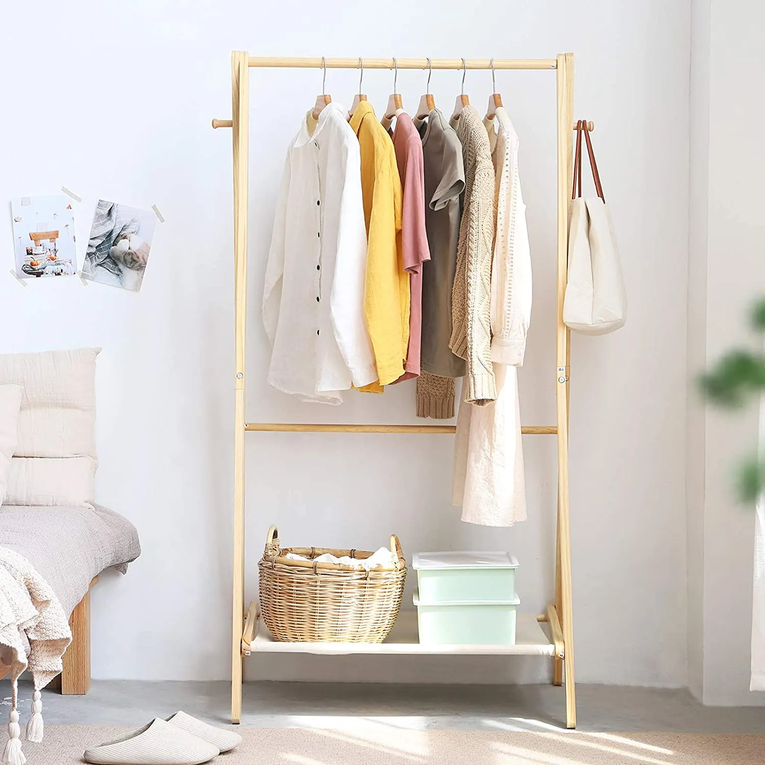 Solid Pine Toddler Friendly Montessori Inspired Dress up Rail | 2 rails and storage shelf | 1.5m high | Natural