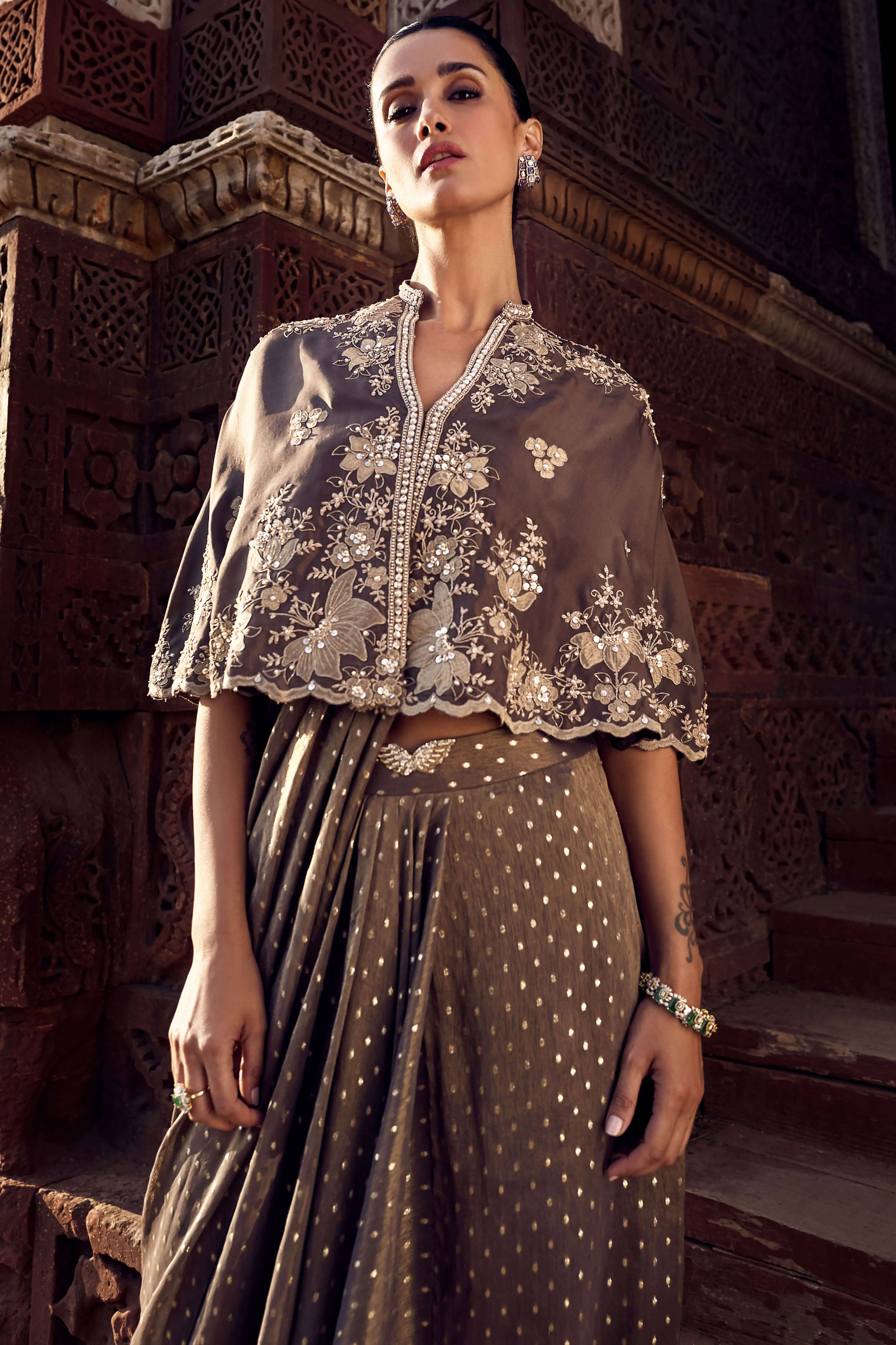 Sona patti multani mini cape and stitched sari set