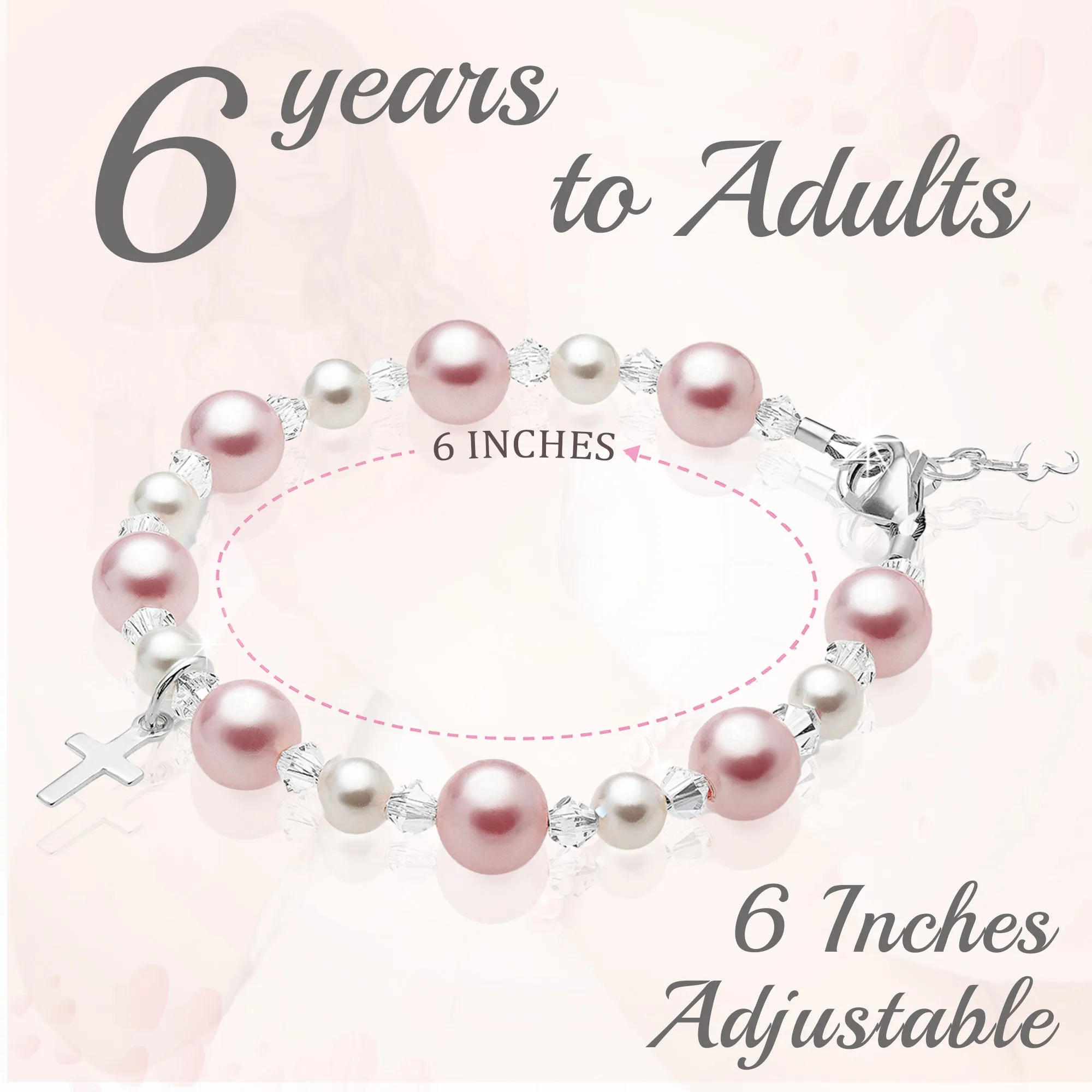 Sterling Silver Bracelet for Girls with Pink Pearls & Clear Crystals
