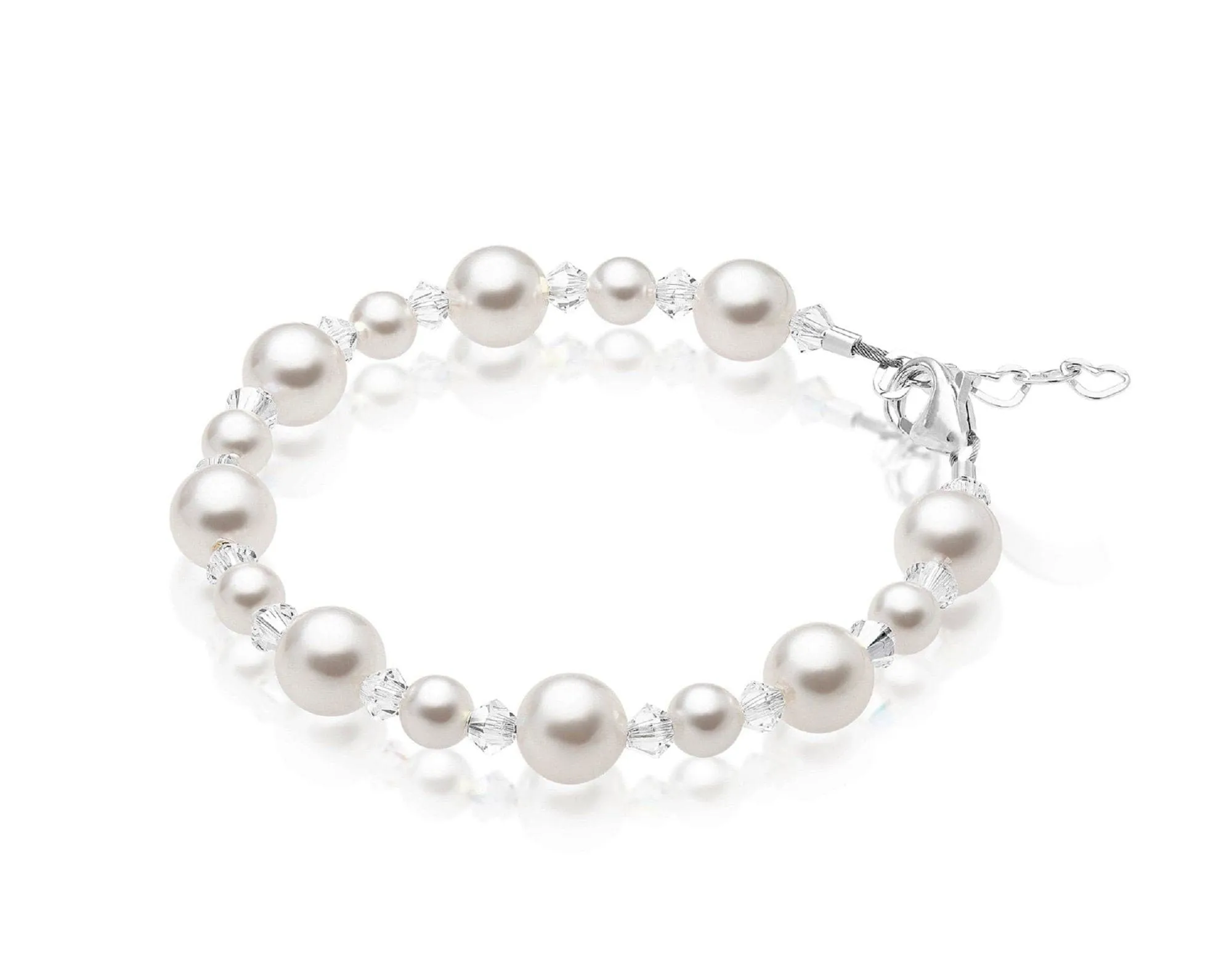 Sterling Silver Bracelet for Girls with White Pearls & Clear Crystals