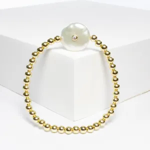 Stretch Beaded Bracelet With Freshwater Pearl - Gold