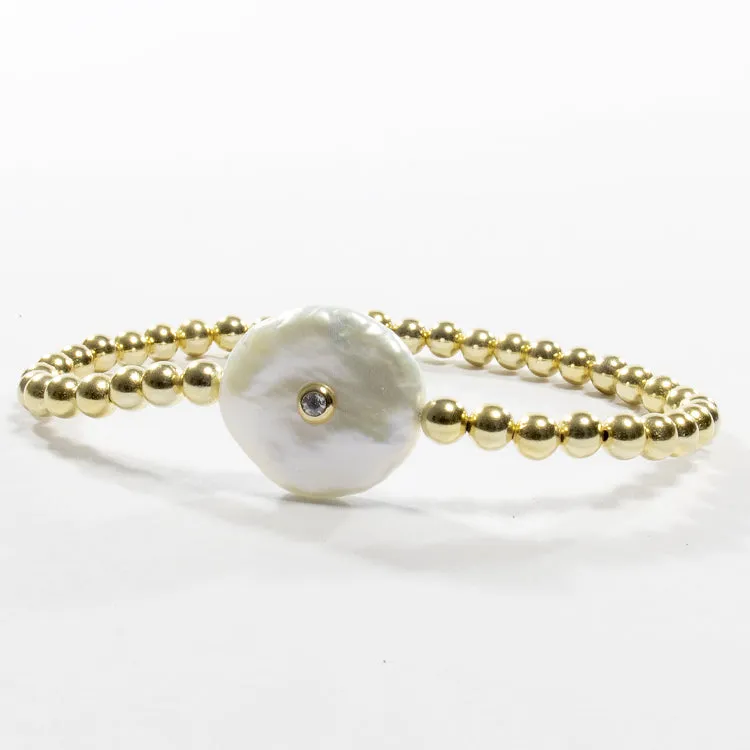Stretch Beaded Bracelet With Freshwater Pearl - Gold
