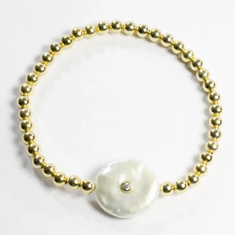 Stretch Beaded Bracelet With Freshwater Pearl - Gold