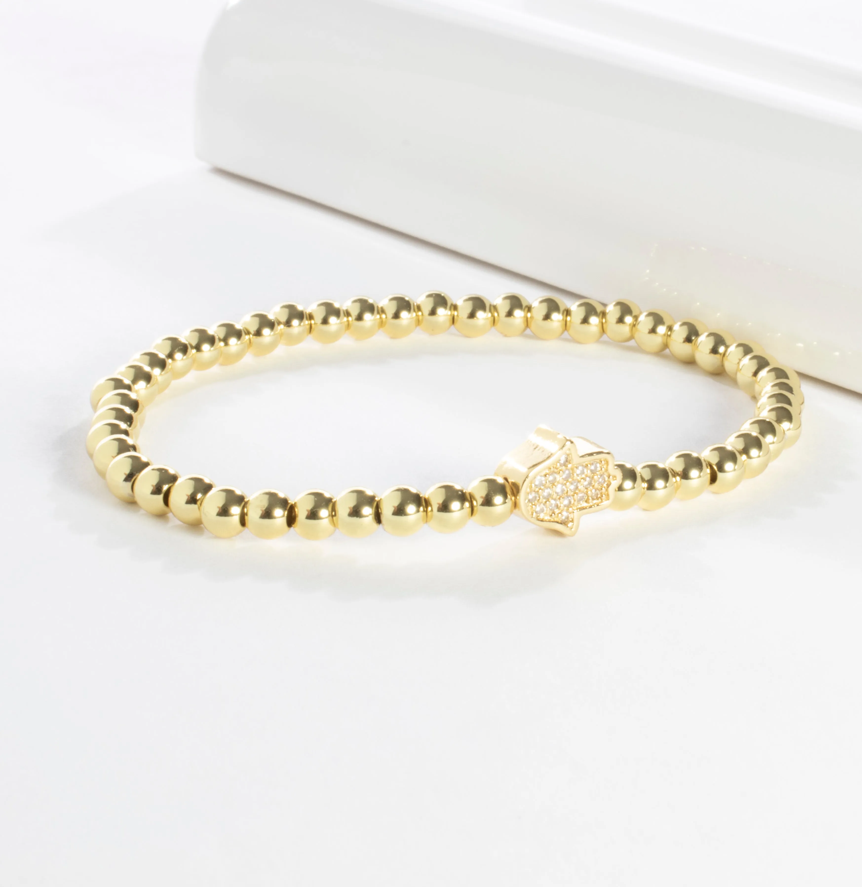 Stretch Beaded CZ Hamsa Bracelet - Gold