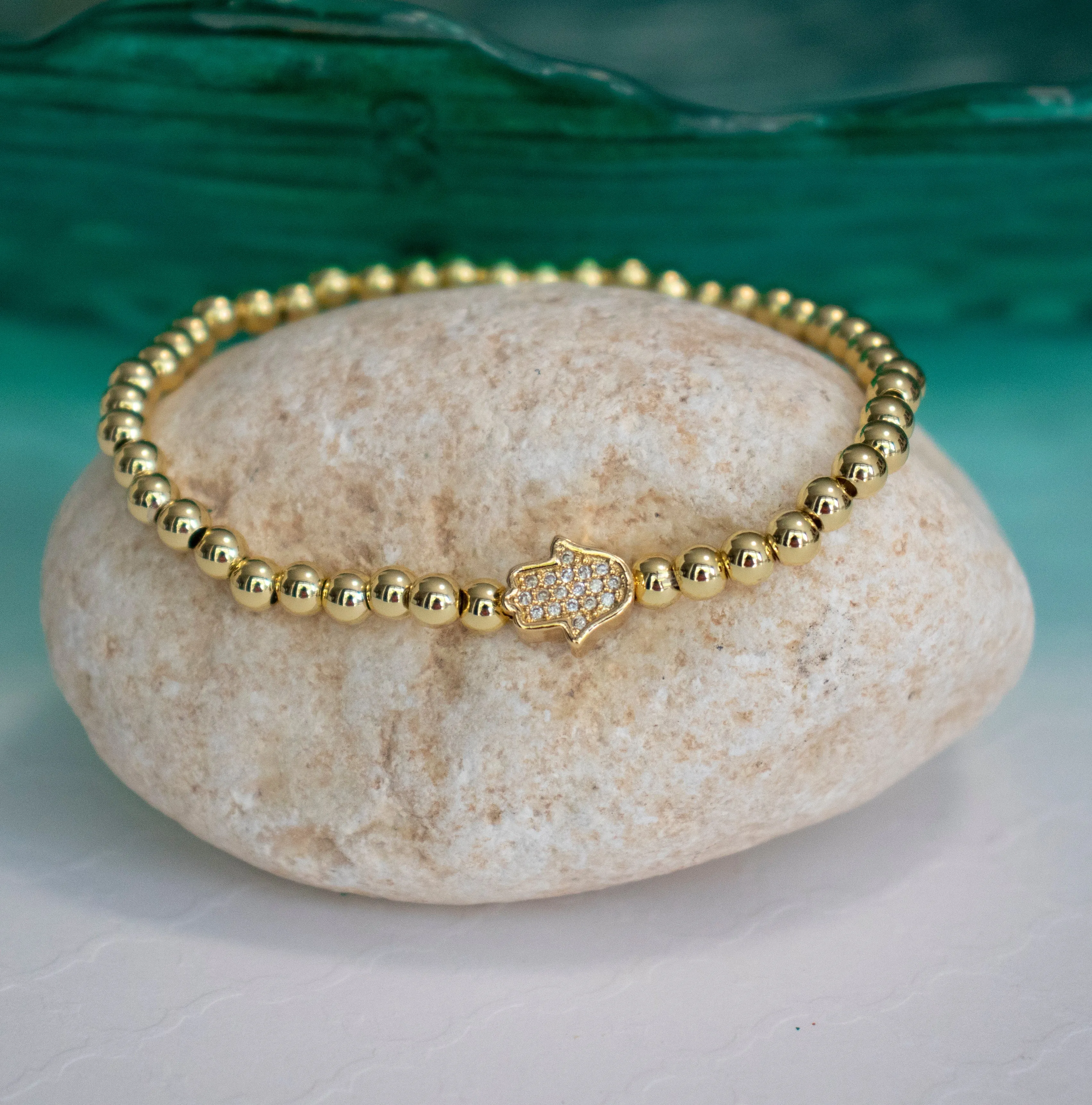 Stretch Beaded CZ Hamsa Bracelet - Gold