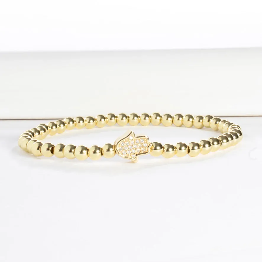 Stretch Beaded CZ Hamsa Bracelet - Gold