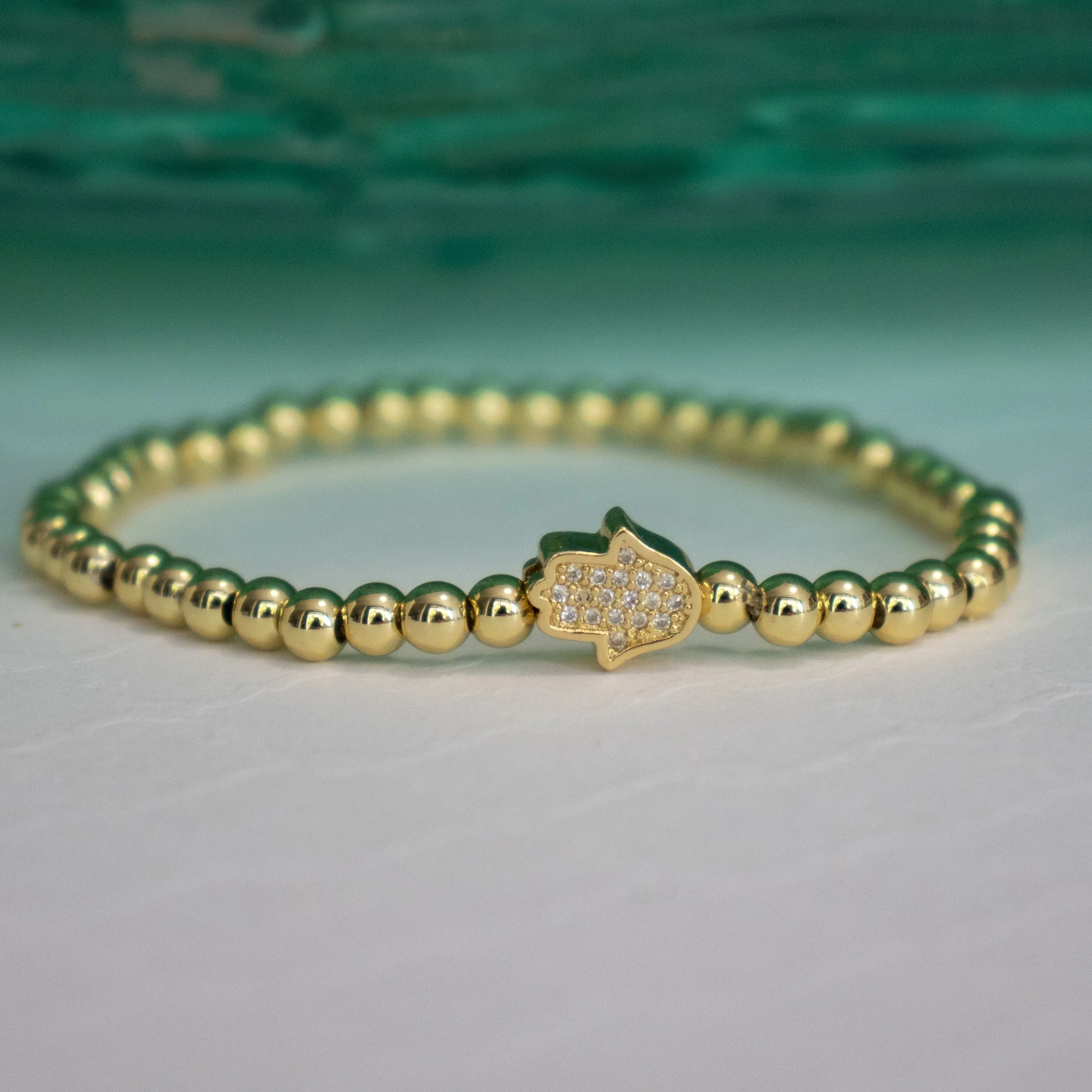 Stretch Beaded CZ Hamsa Bracelet - Gold