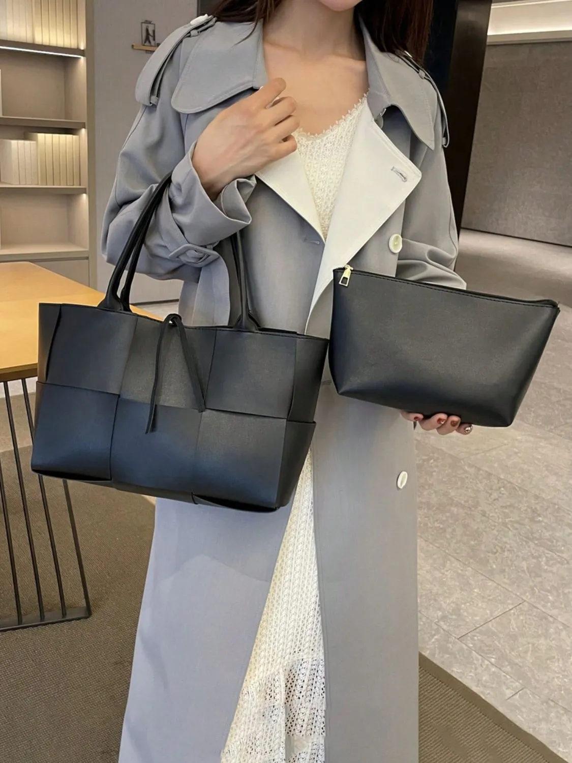 Stylish PU leather woven handbag and Clutch Set