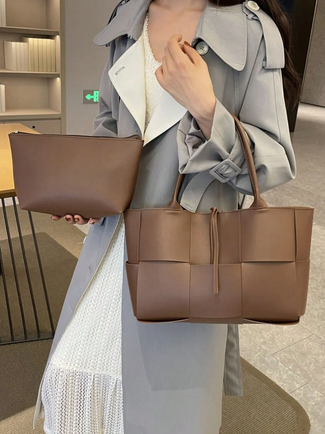 Stylish PU leather woven handbag and Clutch Set