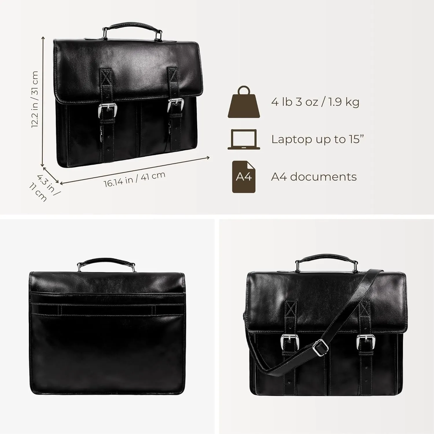Time Resistance Leather Briefcase for Men Handcrafted in Italy Full Grain Messenger Bag
