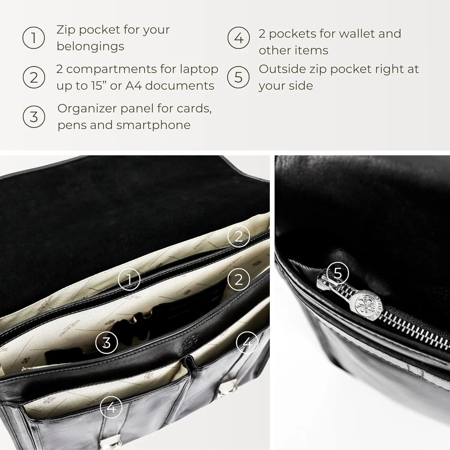 Time Resistance Leather Briefcase for Men Handcrafted in Italy Full Grain Messenger Bag