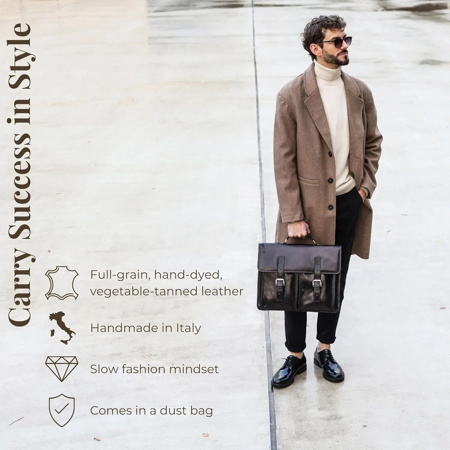 Time Resistance Leather Briefcase for Men Handcrafted in Italy Full Grain Messenger Bag
