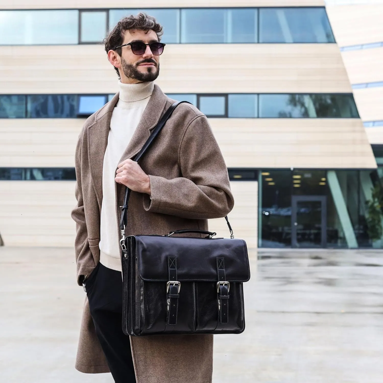 Time Resistance Leather Briefcase for Men Handcrafted in Italy Full Grain Messenger Bag