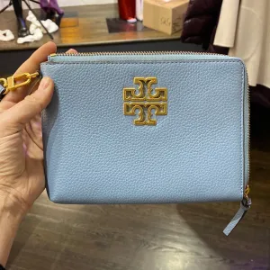 Tory Burch Light Blue Pebbled Leather Zip Wristlet with Gold HArdware