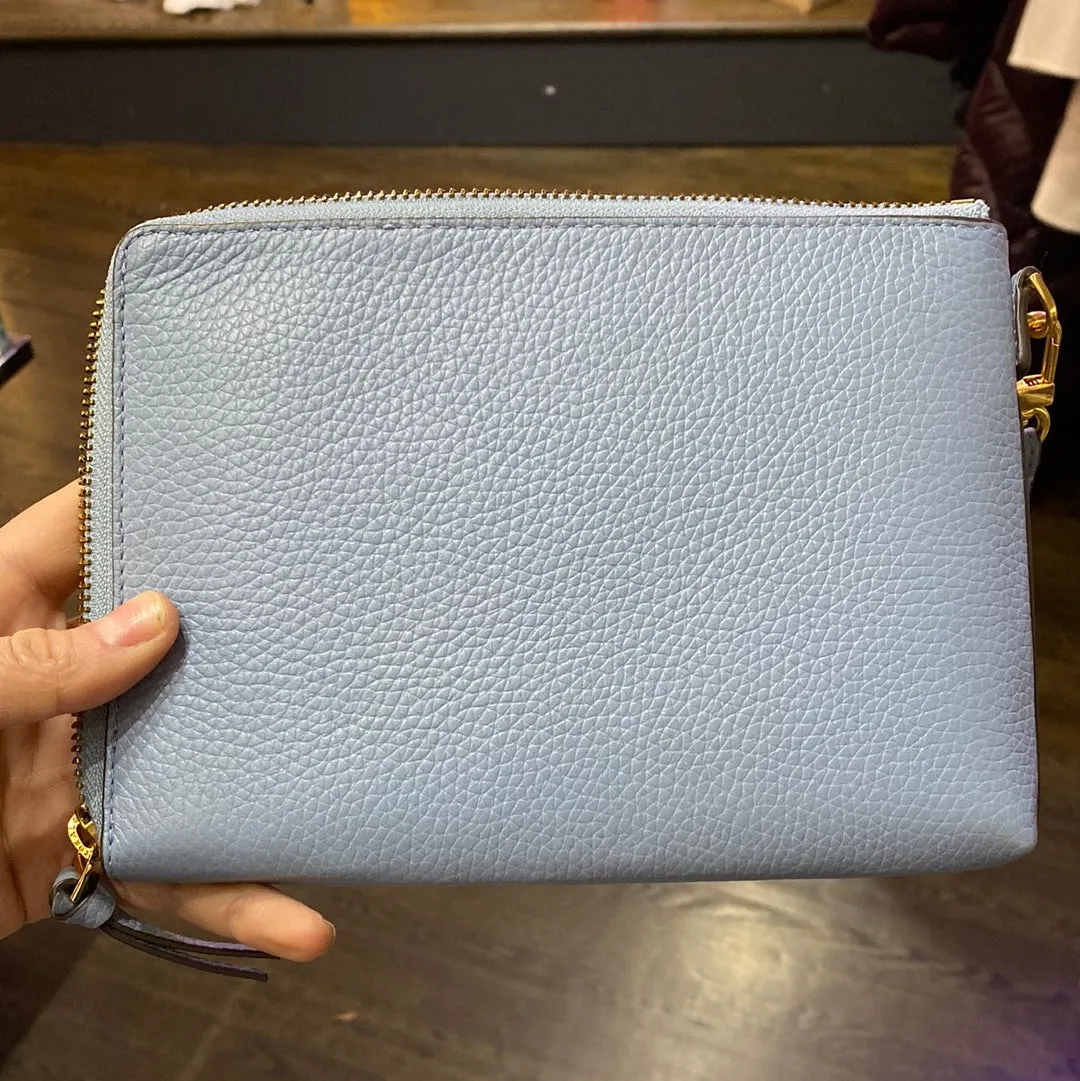 Tory Burch Light Blue Pebbled Leather Zip Wristlet with Gold HArdware