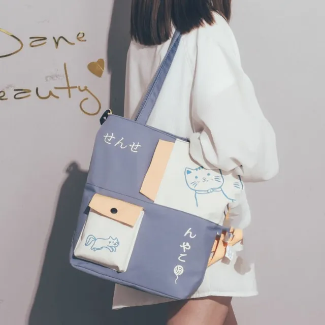 Trendy Japanese Cat Draw Tote Bag