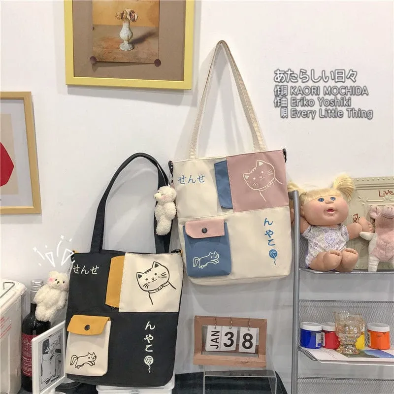 Trendy Japanese Cat Draw Tote Bag