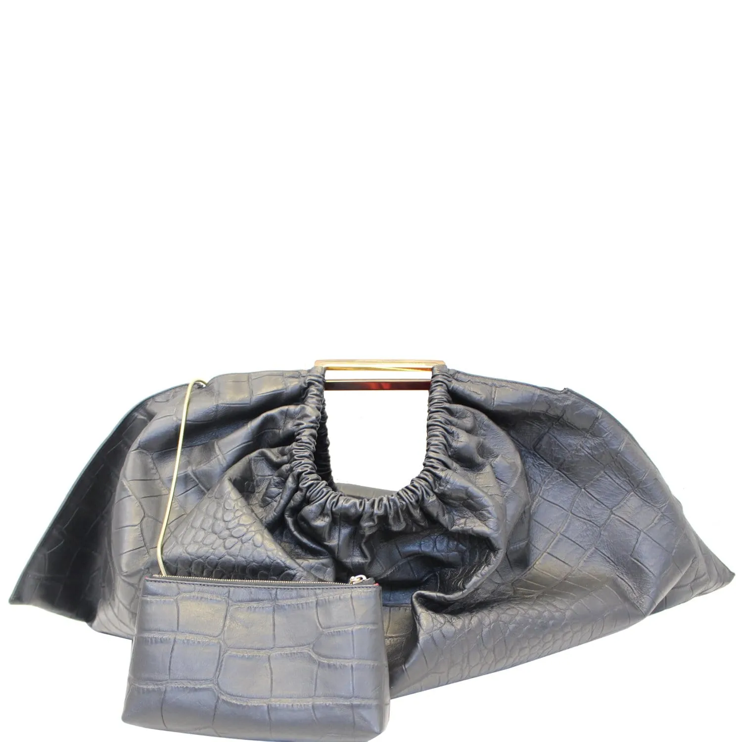 VERSACE Large Scale Embossed Leather Satchel Bag Black
