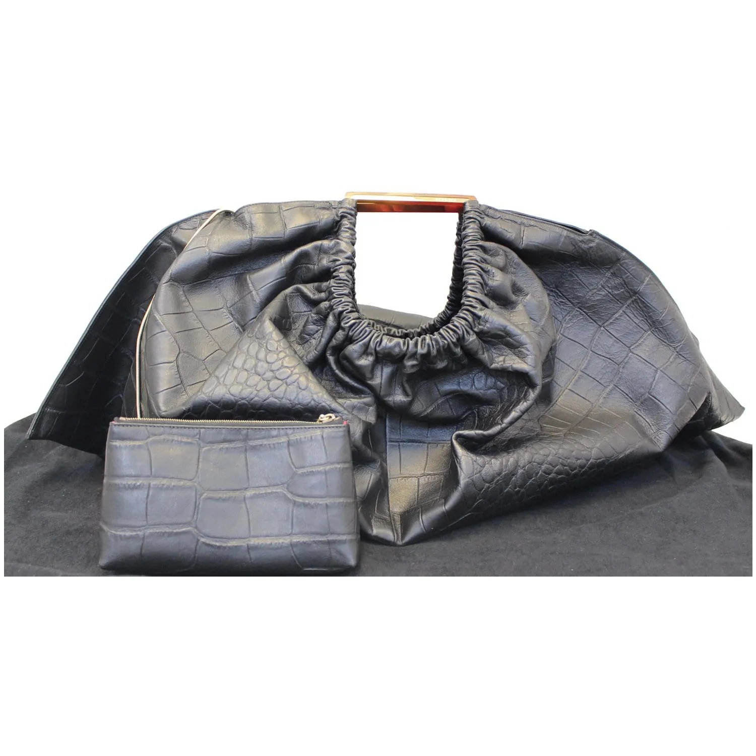 VERSACE Large Scale Embossed Leather Satchel Bag Black
