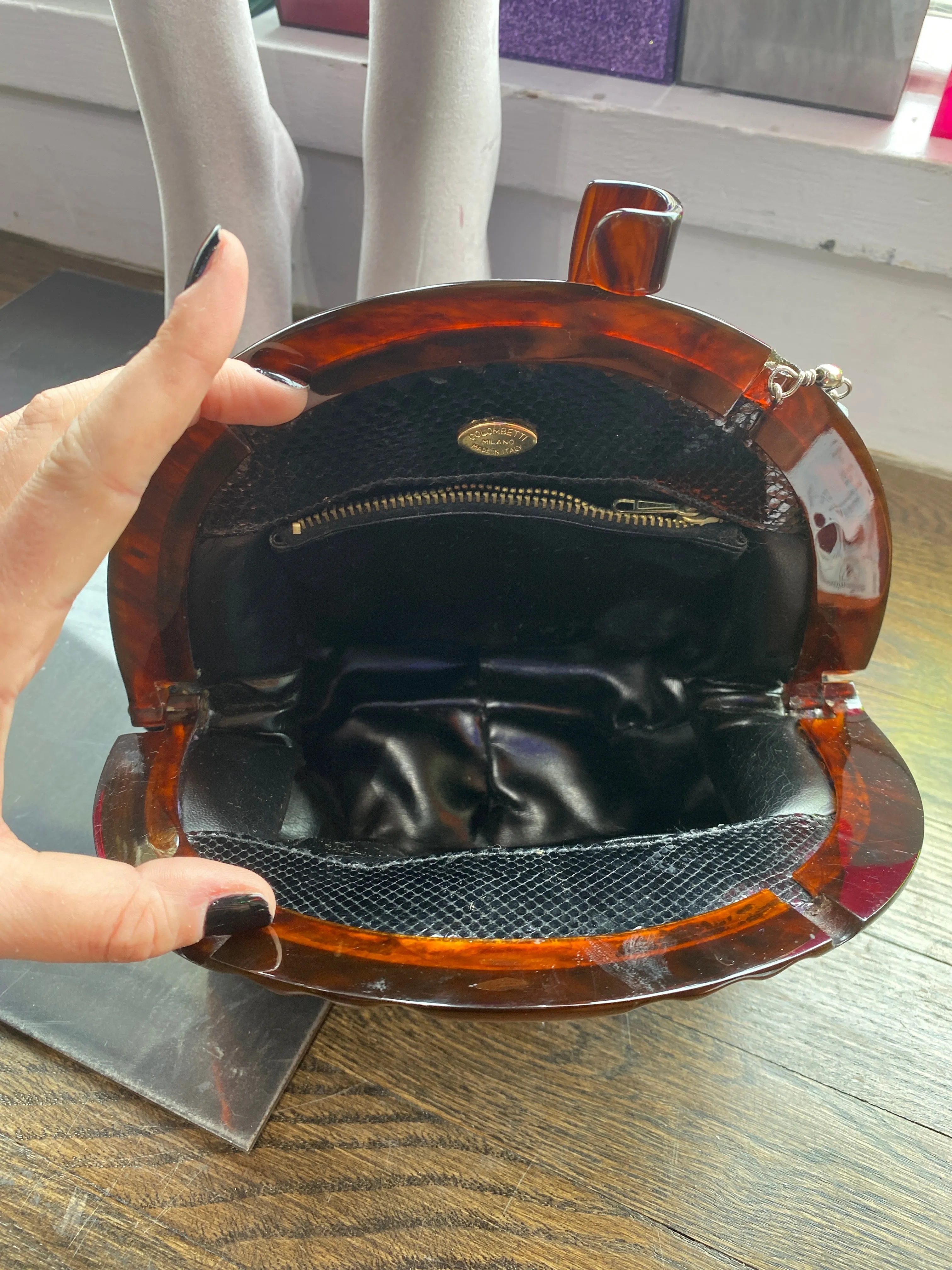 VINTAGE: Colombetti Black Patent Leather Clasp with Brown Tortoise Closure