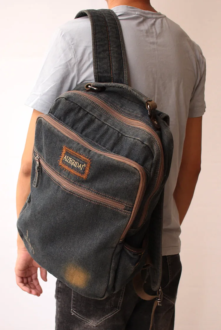 Vintage Denim Blue Mens Backpacks Bag School Backpack Blue Denim Laptop Backpack For Men