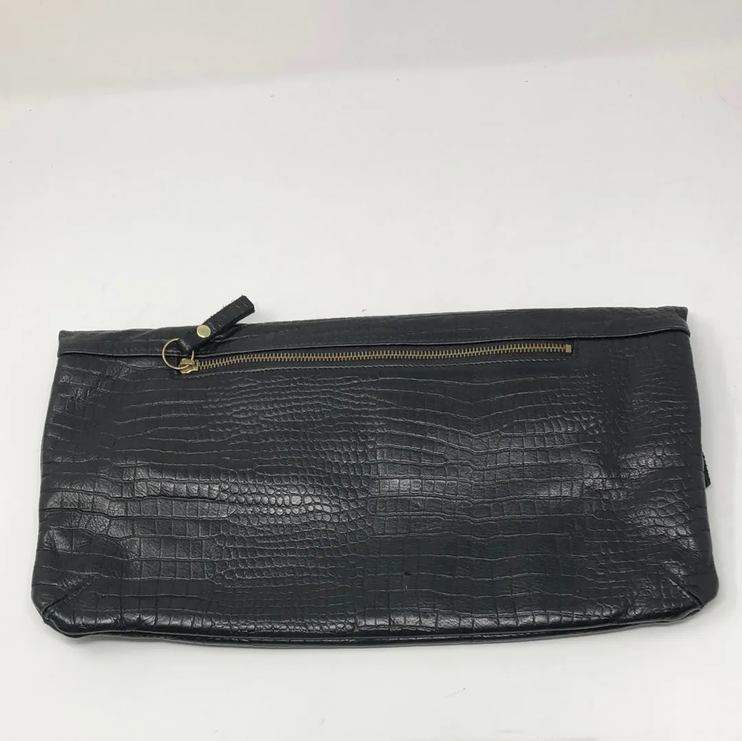 Vintage: Pietro Alessandro Black Oversized Croc Leather Foldover Envelope Clutch