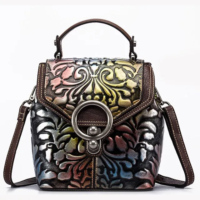 Vintage Women Genuine Leather Backpack Luxury Designer Embossed Small Daypack Ladies Cowhide Shoulder Crossbody Bags