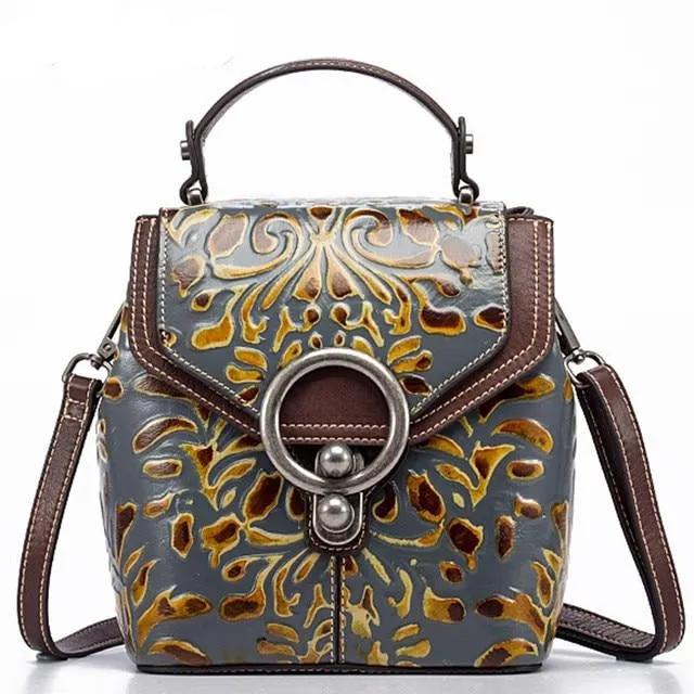 Vintage Women Genuine Leather Backpack Luxury Designer Embossed Small Daypack Ladies Cowhide Shoulder Crossbody Bags