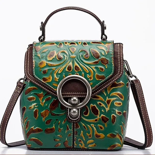 Vintage Women Genuine Leather Backpack Luxury Designer Embossed Small Daypack Ladies Cowhide Shoulder Crossbody Bags