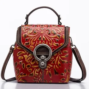 Vintage Women Genuine Leather Backpack Luxury Designer Embossed Small Daypack Ladies Cowhide Shoulder Crossbody Bags