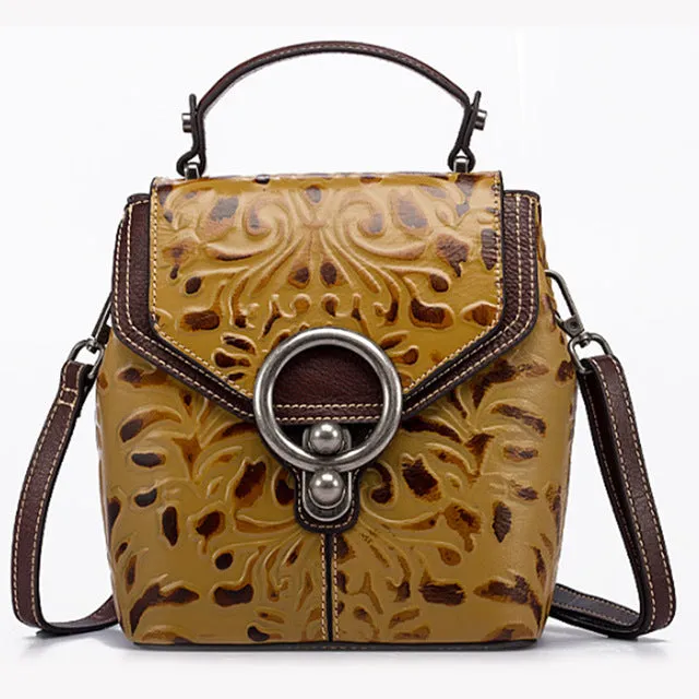 Vintage Women Genuine Leather Backpack Luxury Designer Embossed Small Daypack Ladies Cowhide Shoulder Crossbody Bags