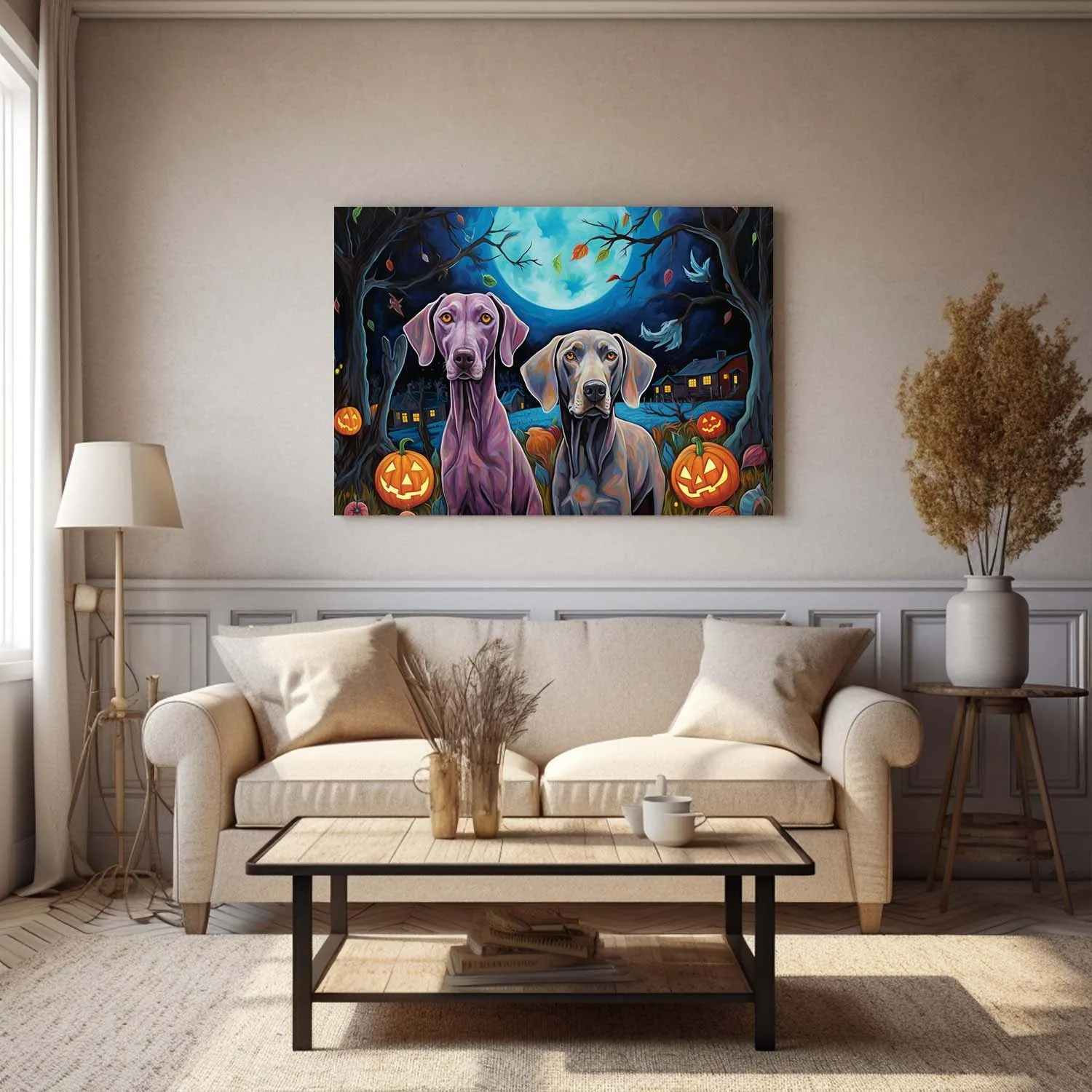 Weimaraner Dog Halloween With Pumpkin Oil Painting Van Goh Style, Wooden Canvas Prints Wall Art Painting , Canvas 3d Art