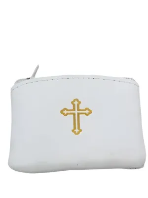 White Genuine Leather with Cross Rosary Pouch Large (4 x 3")