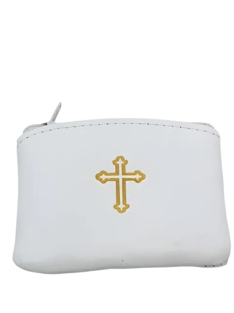 White Genuine Leather with Cross Rosary Pouch Large (4 x 3")