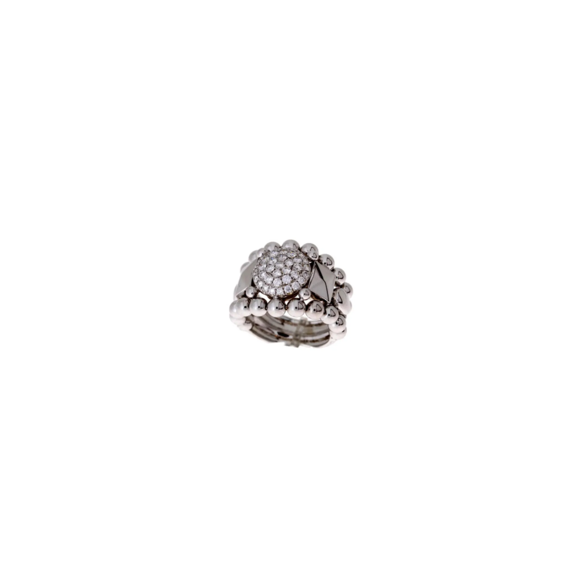 White Gold Ring with Beaded Band, Pyramids and Diamonds