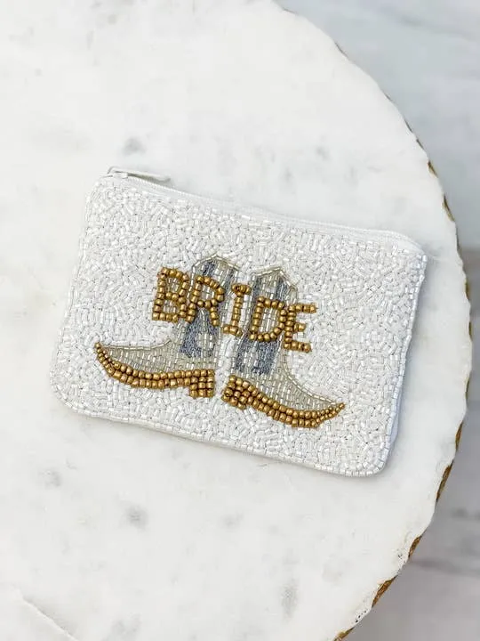 White rodeo bride beaded zip pouch