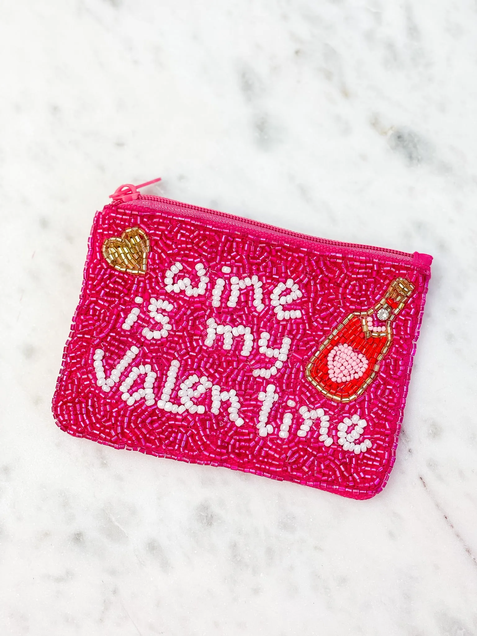 'Wine Is My Valentine' Beaded Zip Pouch